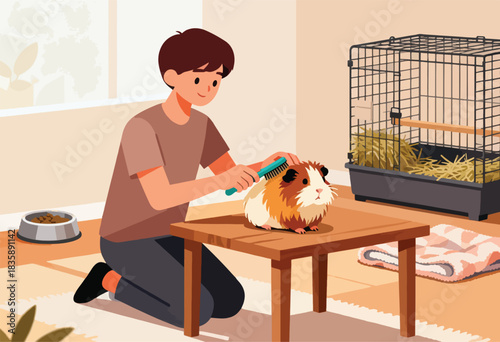 A person brushes a guinea pig on a table. The pet cage, food bowl, and rug are nearby