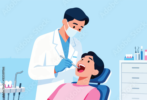 A dentist in a white coat examines a patient's mouth with a mirror. Medical tools & cabinet visible