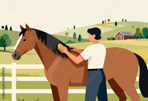A person brushes a brown horse in a green field with a barn in the background. A simple illustration