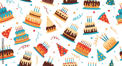 Fun and festive seamless birthday pattern with colorful cakes, party hats, and confetti scattered on a clean white background.