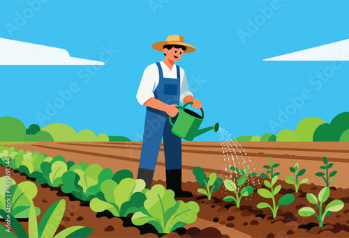 A farmer waters rows of crops in a field under a bright blue sky with simple, colorful illustrations