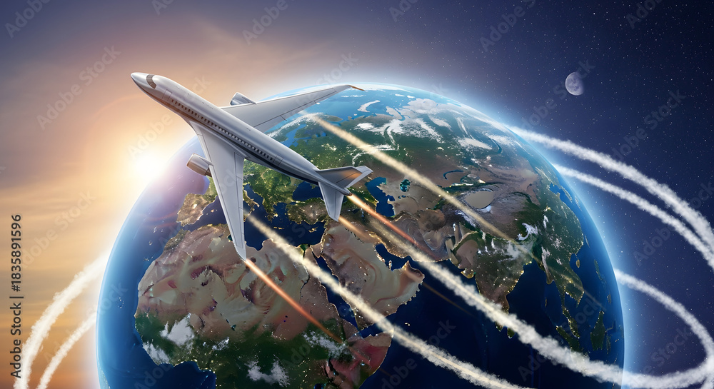 Naklejka premium Airplane flying around the world