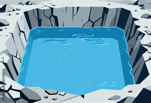 A flat-shaded illustration depicts a rectangular pool of blue water within a crater-like rock formation