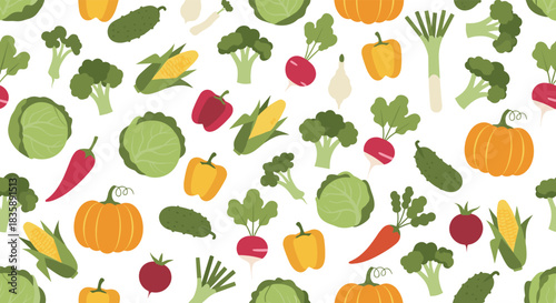 Seamless pattern with a variety of cute, textured vegetables like pumpkins, broccoli, and carrots on a simple white background.