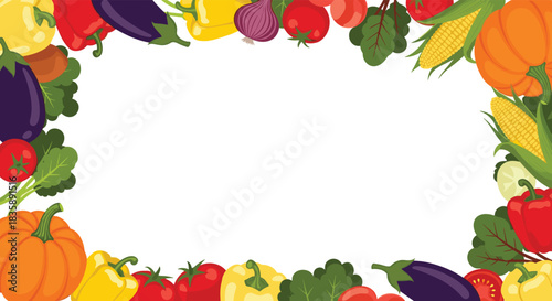 A rectangular frame made of fresh, colorful cartoon vegetables like tomatoes, peppers, and corn with blank space in the center.