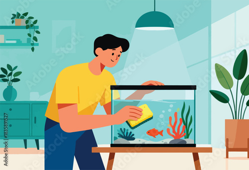 A person cleans an aquarium with fish, coral, and plants. Interior features a lamp, drawers, and houseplants