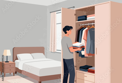 A person with dark hair sorts clothes in a closet, beside a bed in a bedroom. Sunlight enters