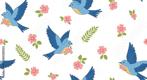 Charming seamless spring pattern featuring cute bluebirds carrying pink flowers among leaves, isolated on a clean white background.