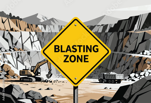 Vector illustration of a mining operation with equipment, a warning sign, mountains, and a dump truck