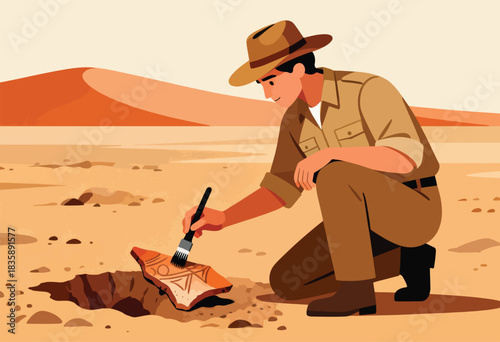 An archeologist in the desert, brushing off a shard. Desert landscape with dunes in the background
