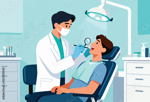 A dentist with a surgical mask and gloves examines a patient's open mouth with a magnifying glass