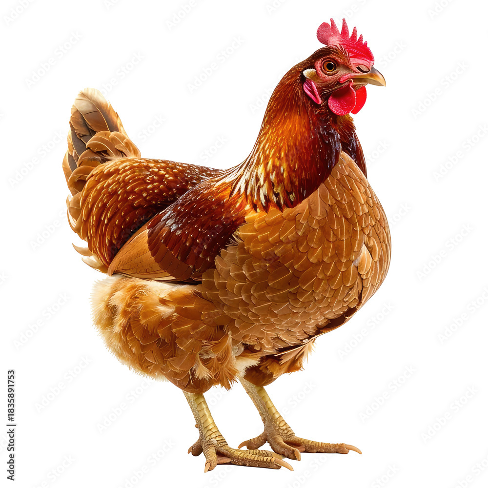 Fototapeta premium Brown chicken with red comb and wattle standing on yellow feet