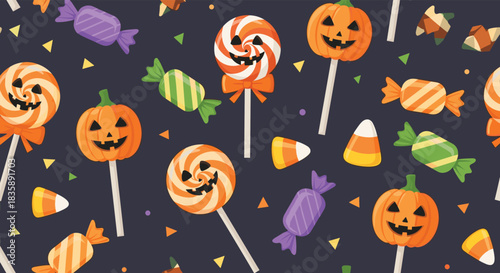A fun seamless Halloween pattern featuring cute pumpkin and swirl lollipops, candy corn, and wrapped candies on a dark background.
