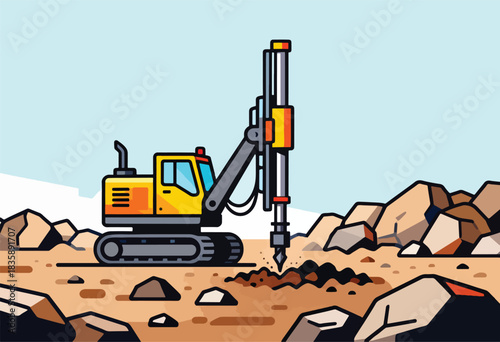 A flat illustration depicts a yellow and gray drilling machine operating in a rocky, dusty environment