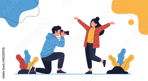 A male photographer taking a picture of a happy, posing woman, illustrated in a modern flat style with abstract background shapes.
