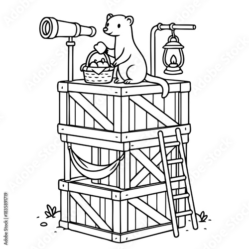 Whimsical Wildlife Lookout: A charming illustration depicts a curious weasel atop a stack of wooden crates, gazing through a telescope and holding a basket.