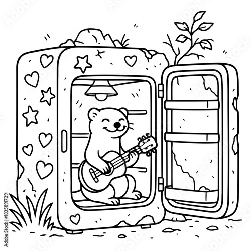 Otter serenading in refrigerator: A whimsical illustration depicts a smiling otter strumming a ukulele inside a quirky, decorated refrigerator.
