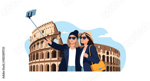 Two happy young women tourists taking a selfie with a selfie stick in front of the iconic Colosseum in Rome, Italy on a vacation.