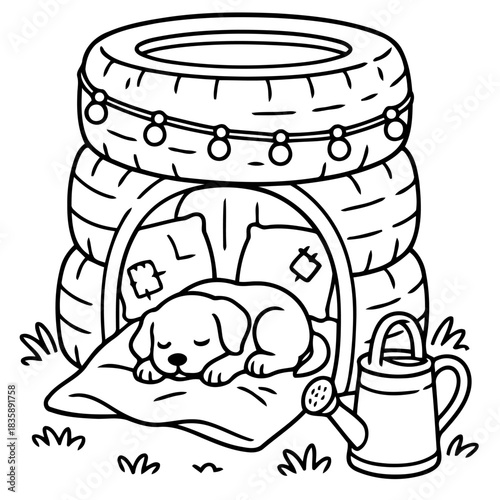 Cozy Puppy's Haven: A peaceful illustration of a puppy asleep inside a unique dog house, handcrafted from repurposed tires. the puppy is sleeping on a comfy pillow, enhancing the serene scene.