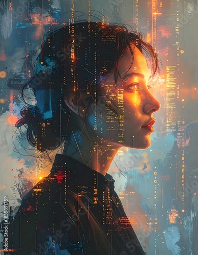 Serene Woman in a Cyberpunk Cityscape - A Portrait of Contemplation.