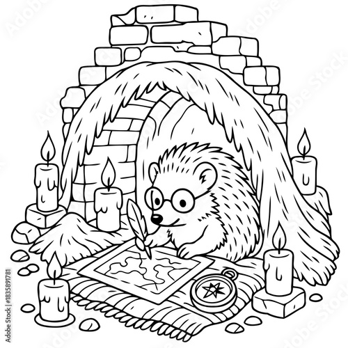 Hedgehog's grand Adventure: A hedgehog with round glasses sits in his cozy burrow, quill in hand, meticulously mapping a grand adventure. Candles glow around him.