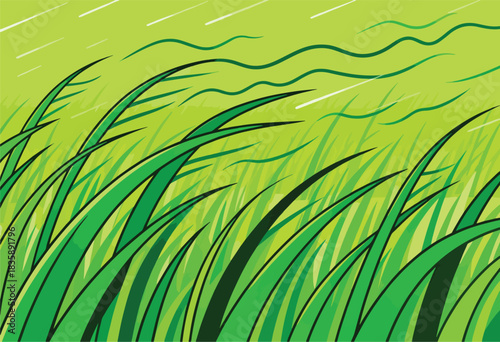 Abstract illustration depicting green blades of grass blowing in the wind, with green and white streaks