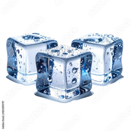 Chilled Three clear ice cubes with water droplets on a black backdrop