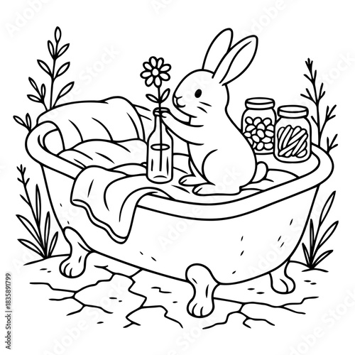 Bunny's Relaxing Bath Time: A cute bunny finds a serene moment in a vintage bathtub with a delicate flower, creating a scene of relaxation and charm.