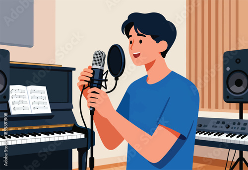 A young man in a blue shirt sings into a microphone in a music studio, with a piano and keyboard