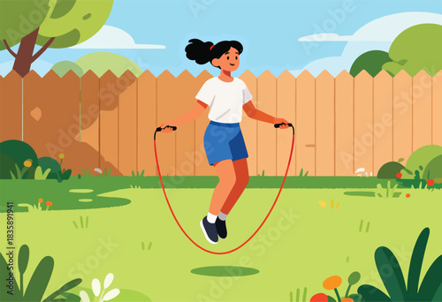 A person jumps rope in a sunny backyard, with green grass, a wooden fence, trees, and blue sky