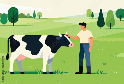 Stylized illustration of a man petting a black and white cow in a green pasture with trees