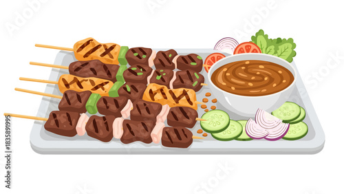 Delicious Grilled Meat Skewers with Peanut Sauce and Fresh Vegetables on a Platter