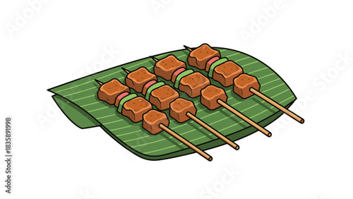 Delicious Grilled Meat Skewers Served on Fresh Green Leaves Food Illustration, Sate illustration Indonesian food