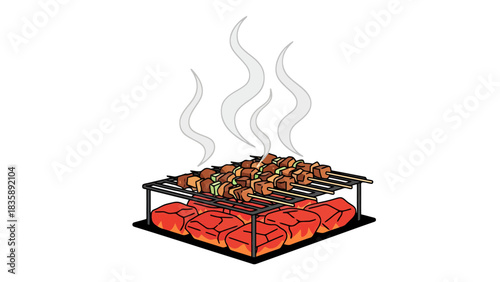 Delicious Skewers Grilling on Hot Coals for Outdoor Cooking and Barbecue Fun, Sate illustration Indonesian food