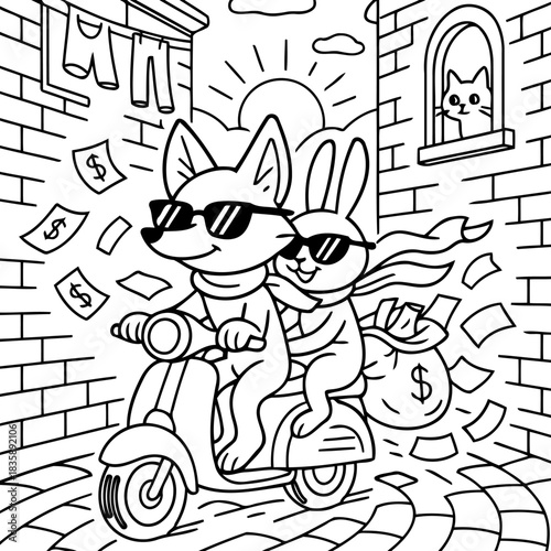 Scooter Adventure: A cheerful fox and rabbit ride a vintage scooter through a city. with flying dollar bills, creating a sense of adventure, excitement, and financial success.