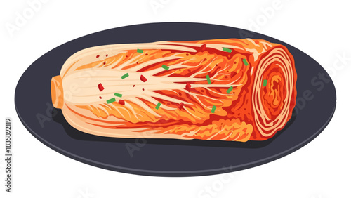 This vibrant vector illustration showcases a whole head of spicy Napa cabbage kimchi, its tightly layered leaves soaked in red chili paste and garnished with green onions on a dark oval plate