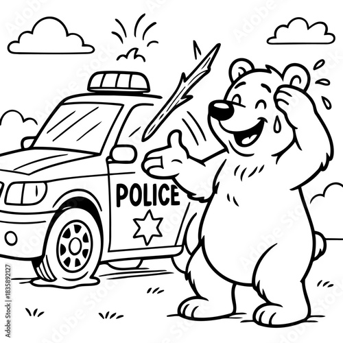 Bear Encounter with Police Car: A comical bear stands beside a police car. The illustration portrays a humorous moment where a bear interacts with a police vehicle