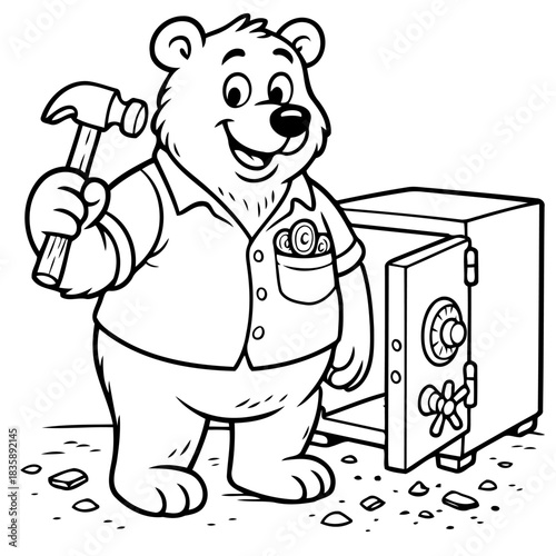 Bear and Safe: An cartoon image depicts a cheerful bear attempting to break open a safe with a hammer, humorously suggesting the pursuit of security or access to wealth.