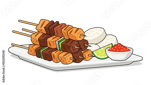 Delicious Grilled Skewers Served with Rice and Red Sauce on a Plate, Sate illustration Indonesian food