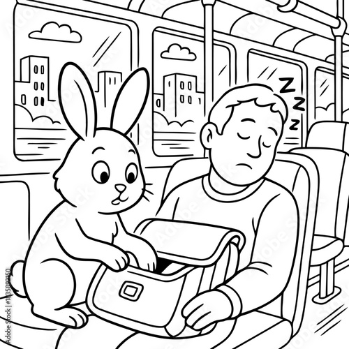 Sneaky Bus Ride: An unsuspecting man slumbers on a bus, oblivious to a crafty bunny reaching into his bag in this playful monochrome illustration. 