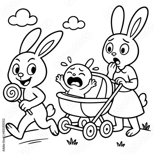 The Bunny Family's Outing: A lively bunny trots joyfully holding lollipop, a baby rabbit cries unhappily in stroller, parent bunny trails nervously behind, all on path of whimsical charm.