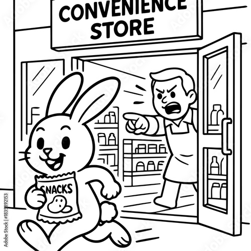 Runaway Rabbit from Convenience Store: A whimsical scene unfolds as a cartoon rabbit gleefully flees a convenience store with a bag of snacks, while an irate shopkeeper gestures in pursuit.