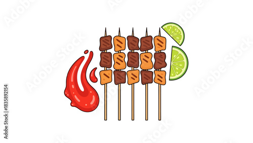 Delicious Grilled Skewers with Spicy Sauce and Lime Slices, Sate illustration Indonesian food