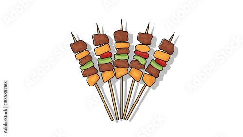 Delicious Skewers with Meat and Vegetables Appetizer Food Illustration, Sate illustration Indonesian food