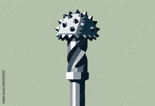 A stylized vector illustration of a drill bit with a spiky head, shades of gray on olive background