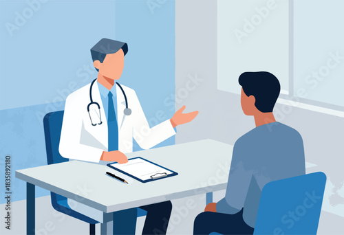 A doctor in a white coat with stethoscope gestures toward a patient seated at a desk. Both figures in a modern style