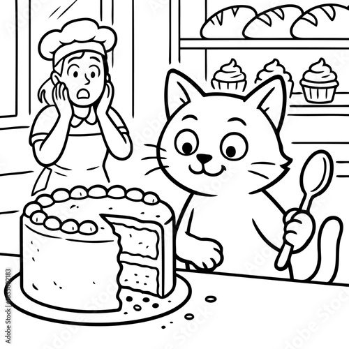 Cat and Baker's surprise: A curious cat, holding a spoon, stands beside a cake with a missing slice, while a baker looks on in startled amazement. Capturing a moment of humor and mischievous antics.