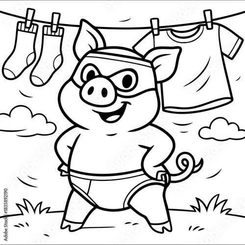 Super Piggy: A spirited superhero pig stands proudly, dressed in a mask and briefs, ready to leap into action as clothesline filled with shirts, socks appear behind.
