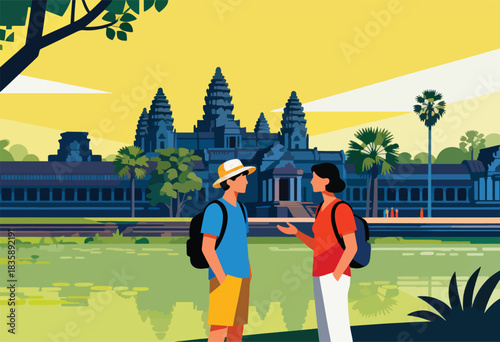 Two tourists converse in front of an ancient temple with multiple towers, trees, & a pond
