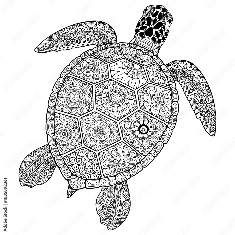 Fototapeta premium Intricate black and white illustration of a sea turtle with detailed mandala patterns on its shell.